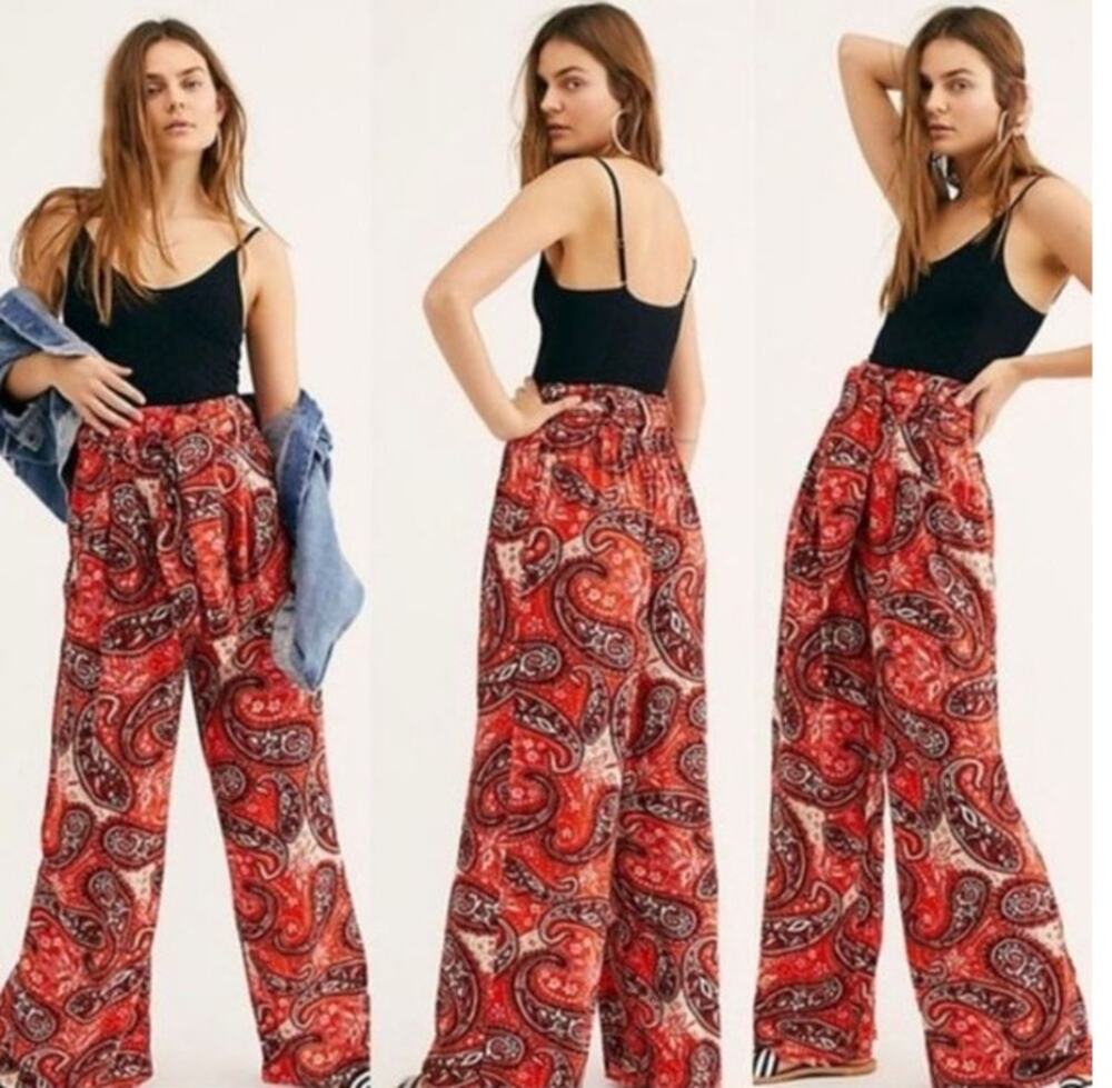 Free People Double Trouble Pants Women’s S Red Paisley Wide Leg Tie Waist